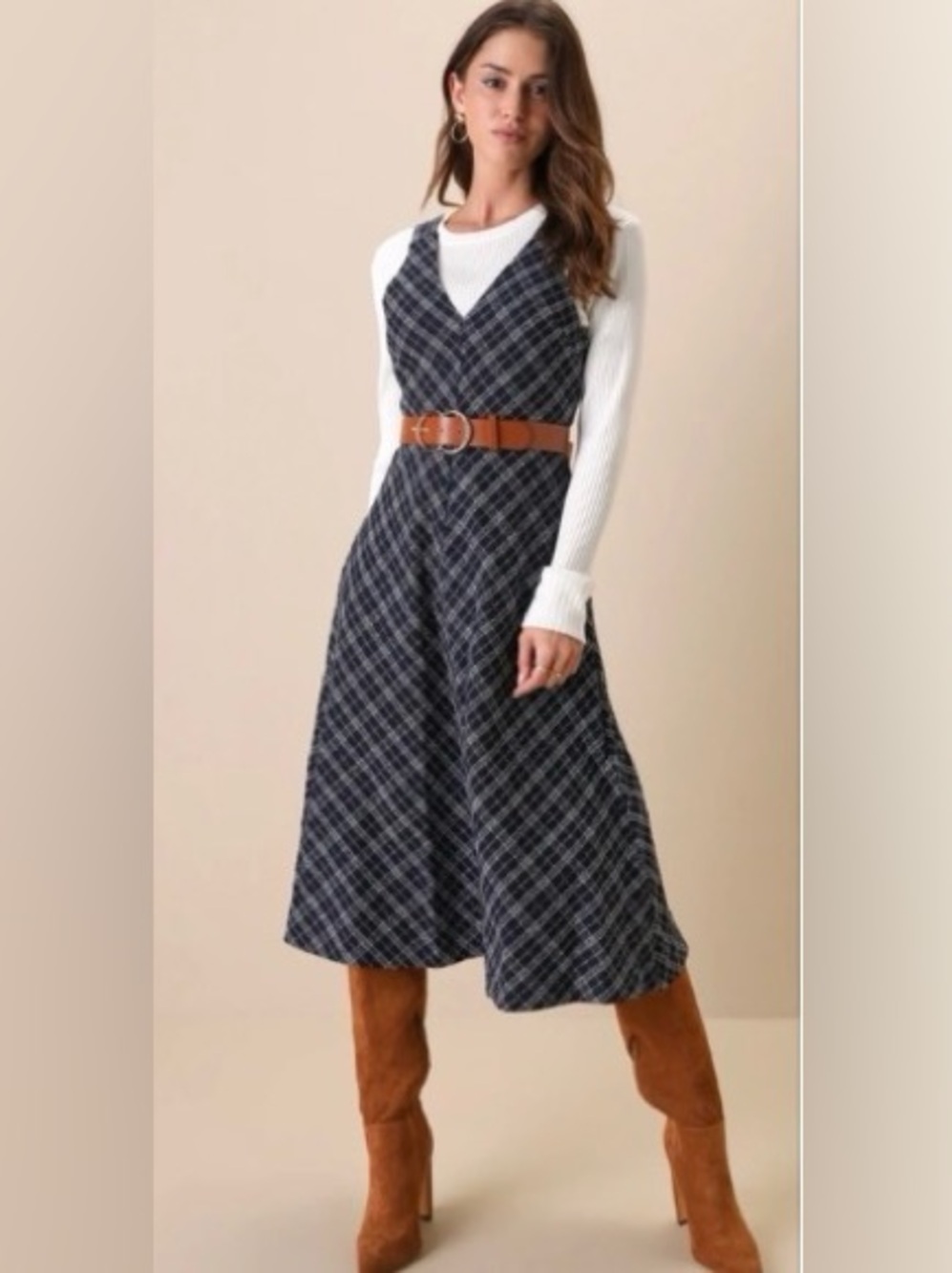 Navy Blue Plaid Tweed Midi Dress With Pockets 🌿